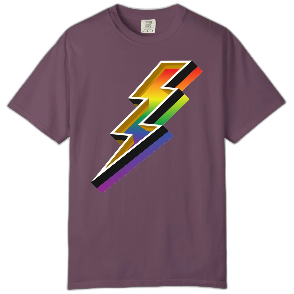 3D rainbow lightning bolt with layered depth effect featuring red, orange, yellow, green, blue, and purple gradient colors with white outlines and black shadows in Berry