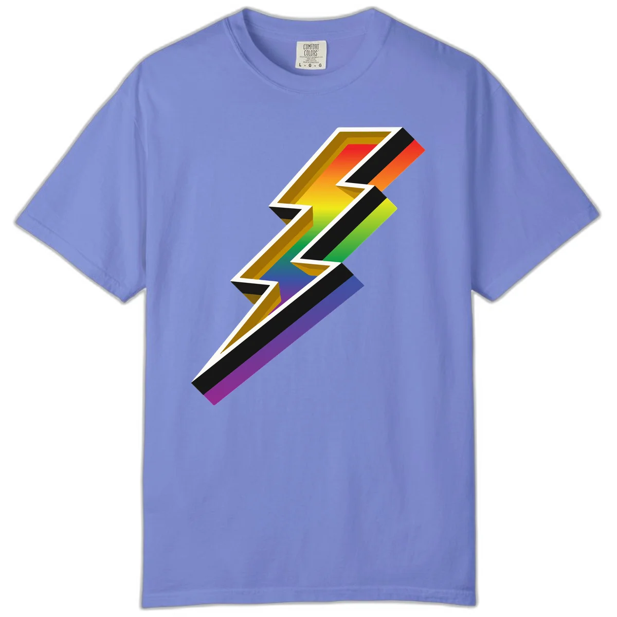 3D rainbow lightning bolt with layered depth effect featuring red, orange, yellow, green, blue, and purple gradient colors with white outlines and black shadows in Flo Blue