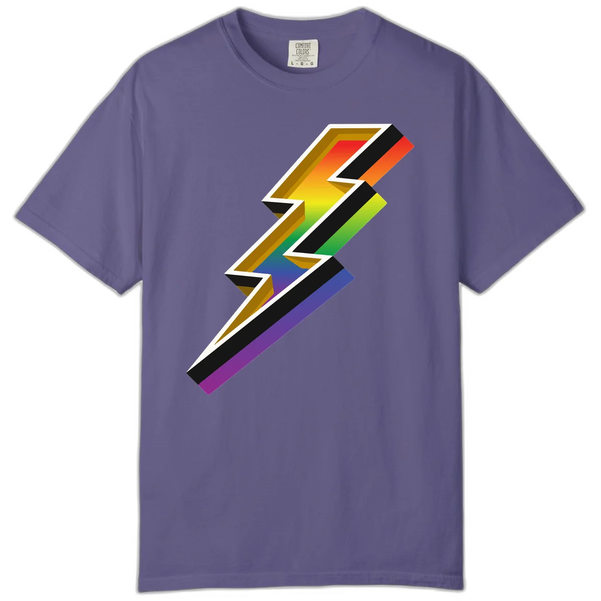 3D rainbow lightning bolt with layered depth effect featuring red, orange, yellow, green, blue, and purple gradient colors with white outlines and black shadows in Grape