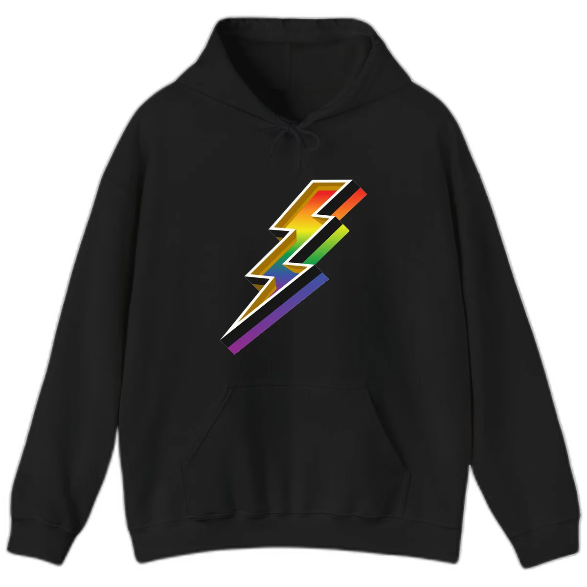 3D rainbow lightning bolt with layered depth effect featuring red, orange, yellow, green, blue, and purple gradient colors with white outlines and black shadows in Black