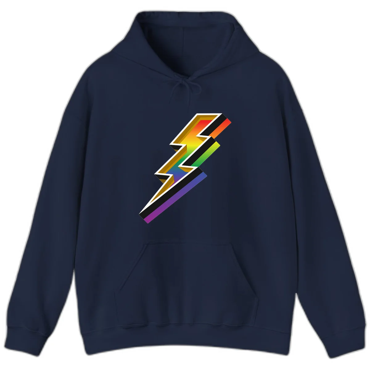 3D rainbow lightning bolt with layered depth effect featuring red, orange, yellow, green, blue, and purple gradient colors with white outlines and black shadows in Navy