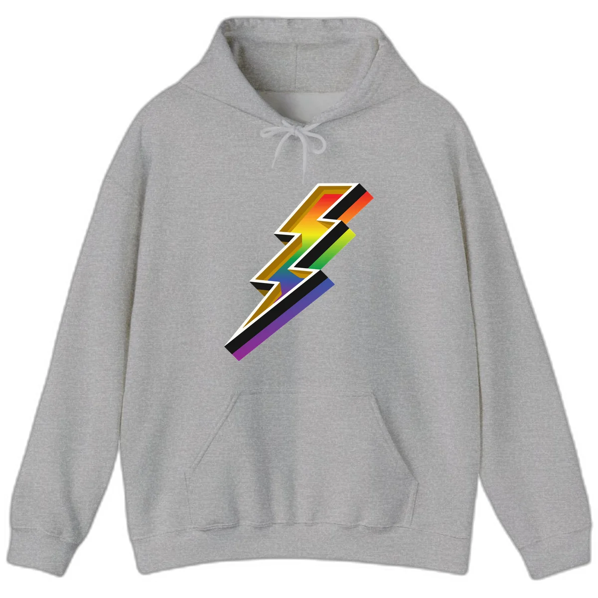 3D rainbow lightning bolt with layered depth effect featuring red, orange, yellow, green, blue, and purple gradient colors with white outlines and black shadows in Sport Grey