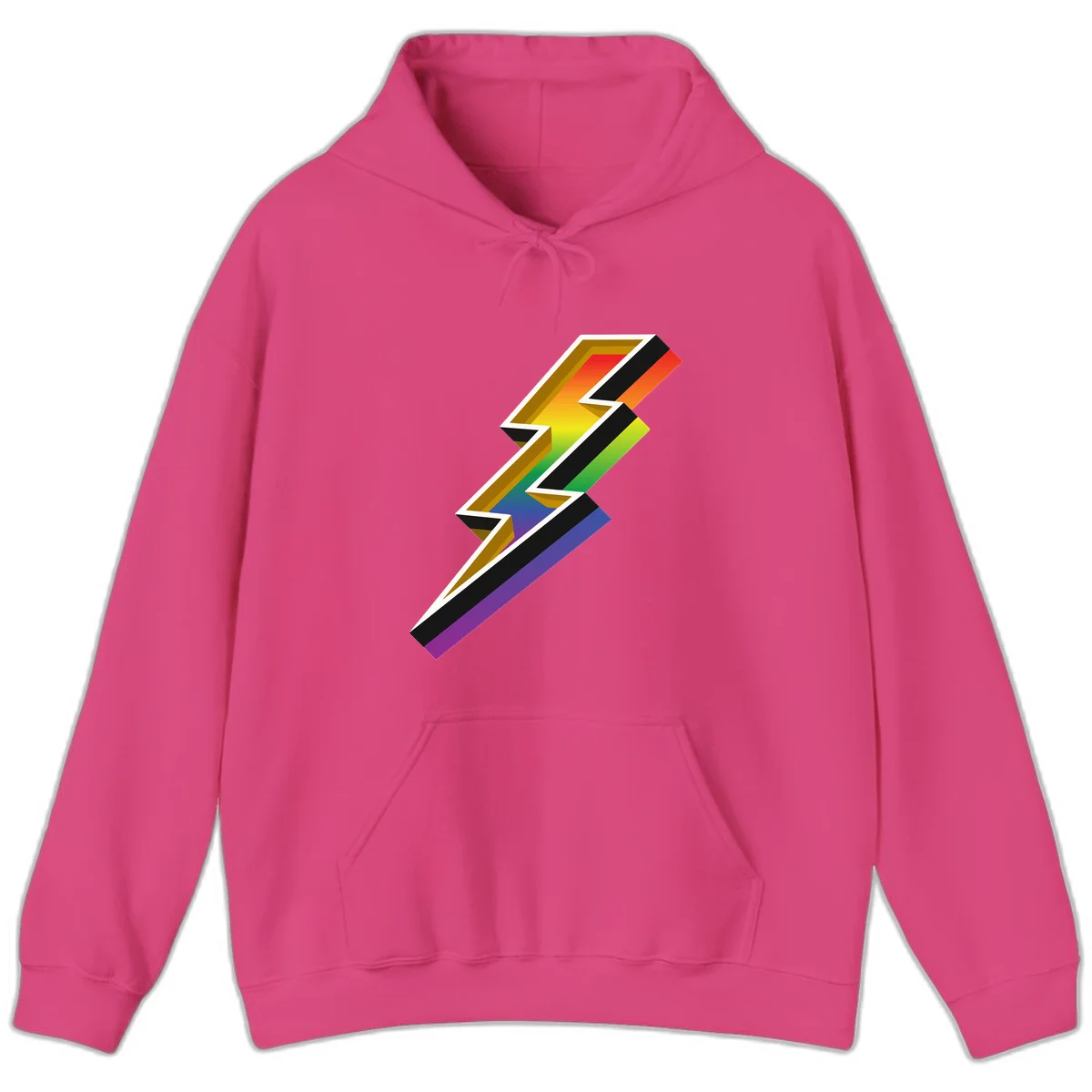 3D rainbow lightning bolt with layered depth effect featuring red, orange, yellow, green, blue, and purple gradient colors with white outlines and black shadows in Heliconia