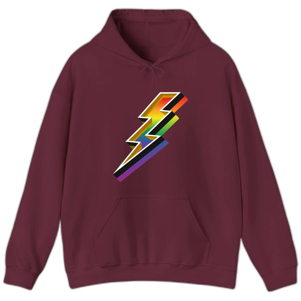 3D rainbow lightning bolt with layered depth effect featuring red, orange, yellow, green, blue, and purple gradient colors with white outlines and black shadows in Maroon