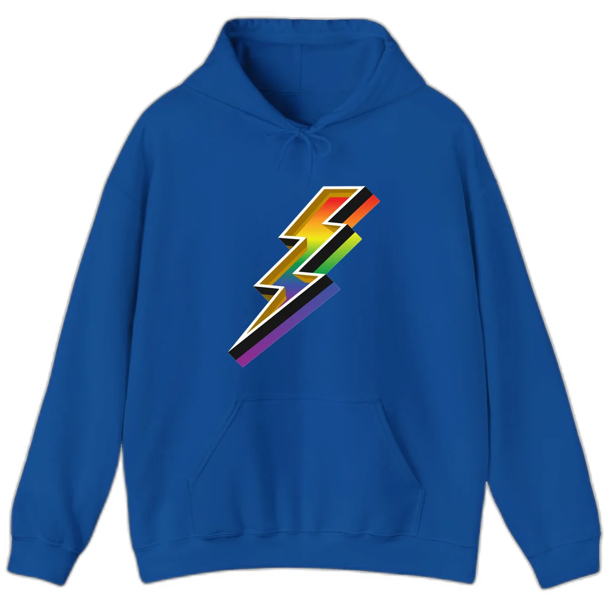 3D rainbow lightning bolt with layered depth effect featuring red, orange, yellow, green, blue, and purple gradient colors with white outlines and black shadows in Royal