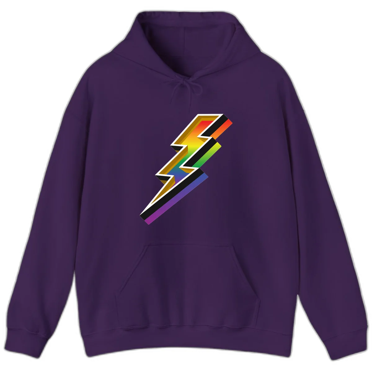 3D rainbow lightning bolt with layered depth effect featuring red, orange, yellow, green, blue, and purple gradient colors with white outlines and black shadows in Purple