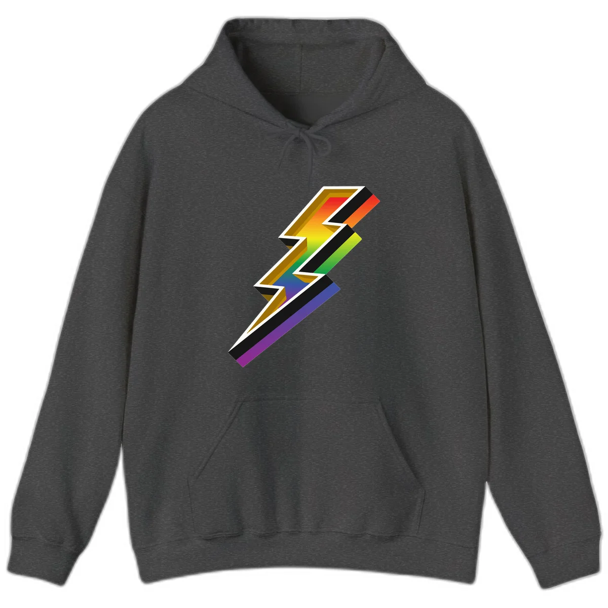 3D rainbow lightning bolt with layered depth effect featuring red, orange, yellow, green, blue, and purple gradient colors with white outlines and black shadows in Dark Heather