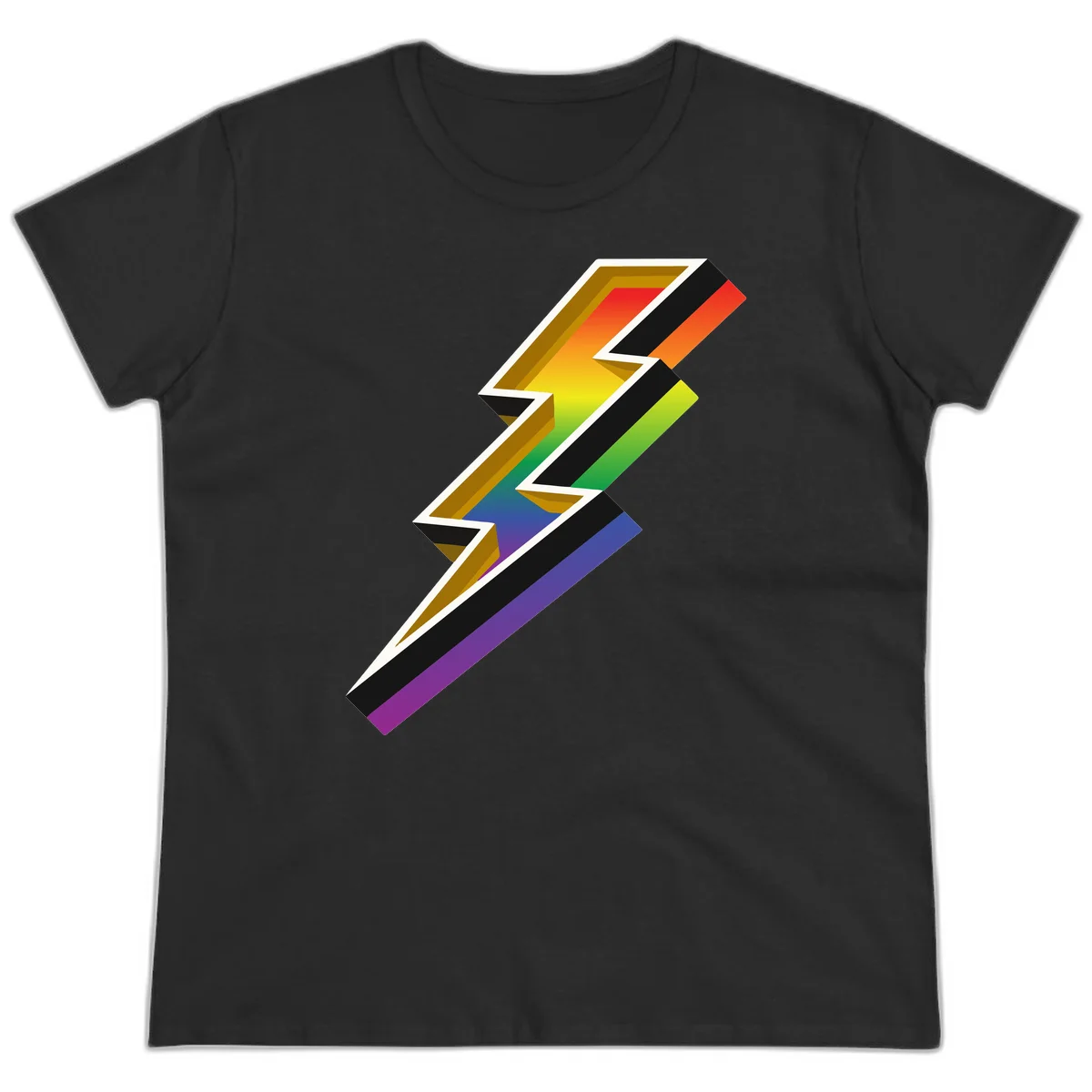 3D rainbow lightning bolt with layered depth effect featuring red, orange, yellow, green, blue, and purple gradient colors with white outlines and black shadows in Black