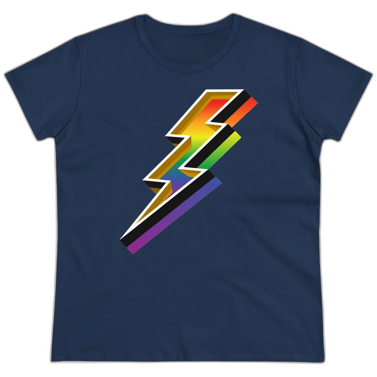 3D rainbow lightning bolt with layered depth effect featuring red, orange, yellow, green, blue, and purple gradient colors with white outlines and black shadows in Navy