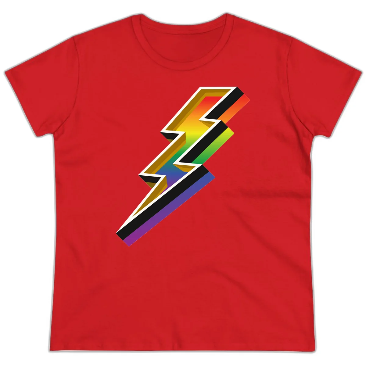 3D rainbow lightning bolt with layered depth effect featuring red, orange, yellow, green, blue, and purple gradient colors with white outlines and black shadows in Red