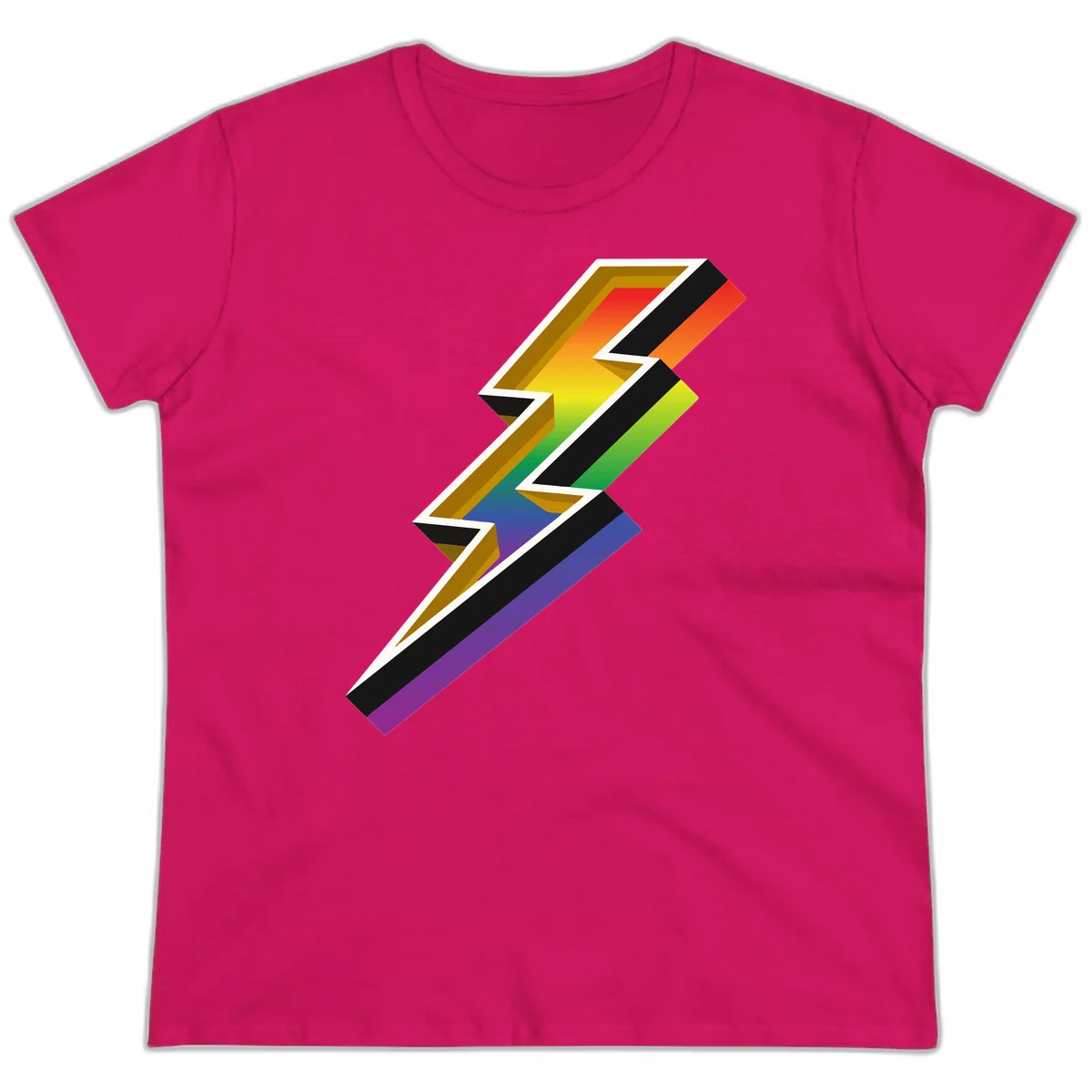 3D rainbow lightning bolt with layered depth effect featuring red, orange, yellow, green, blue, and purple gradient colors with white outlines and black shadows in Heliconia