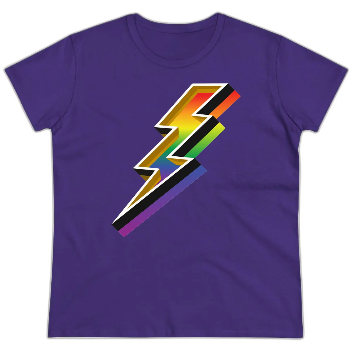 3D rainbow lightning bolt with layered depth effect featuring red, orange, yellow, green, blue, and purple gradient colors with white outlines and black shadows in Purple