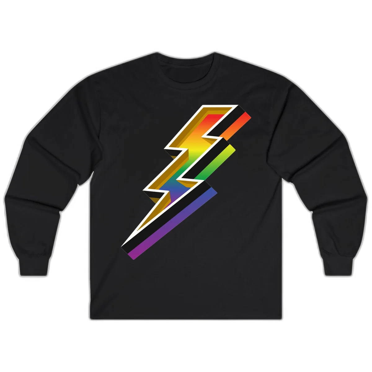 3D rainbow lightning bolt with layered depth effect featuring red, orange, yellow, green, blue, and purple gradient colors with white outlines and black shadows in Black