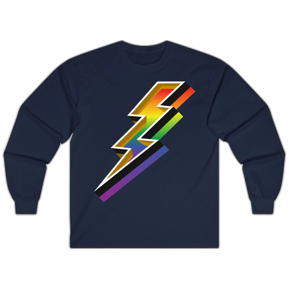 3D rainbow lightning bolt with layered depth effect featuring red, orange, yellow, green, blue, and purple gradient colors with white outlines and black shadows in Navy