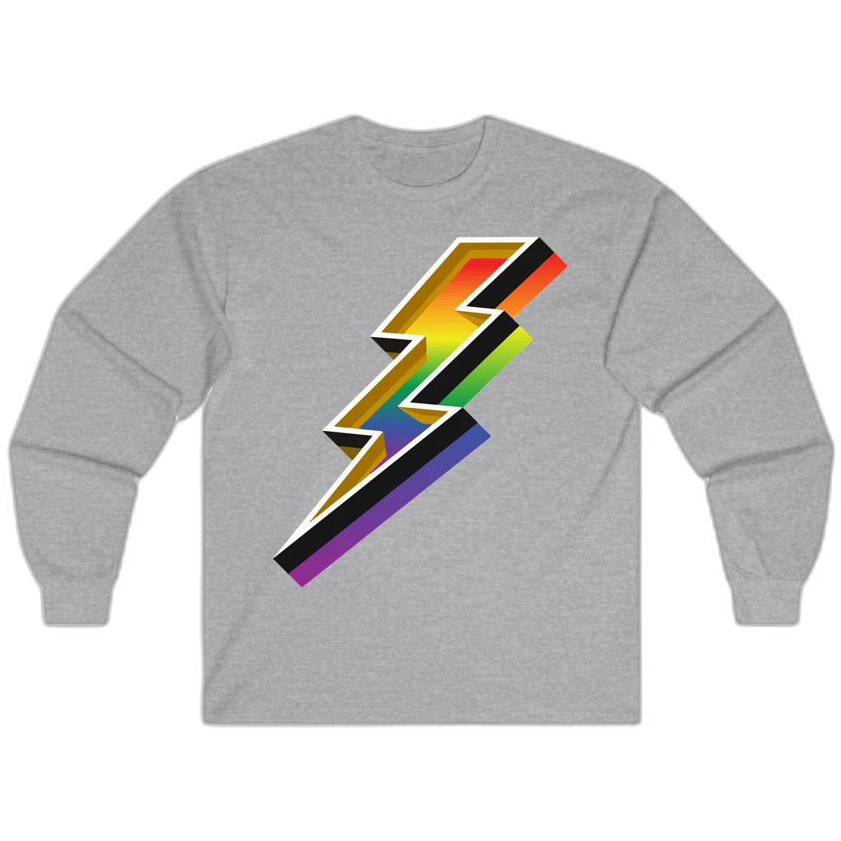 3D rainbow lightning bolt with layered depth effect featuring red, orange, yellow, green, blue, and purple gradient colors with white outlines and black shadows in Sport Grey