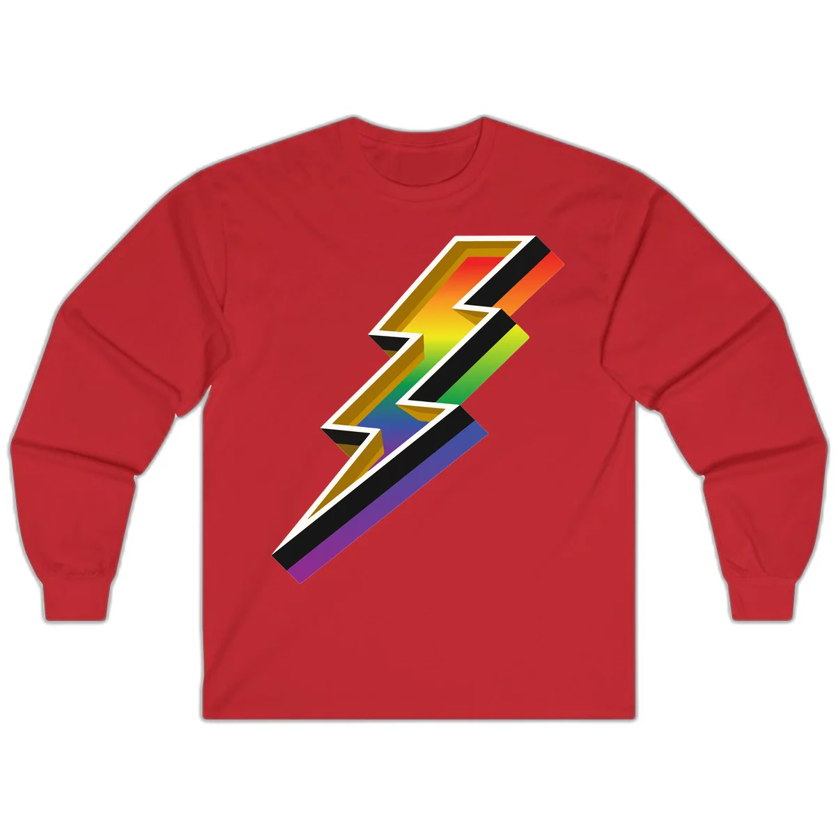 3D rainbow lightning bolt with layered depth effect featuring red, orange, yellow, green, blue, and purple gradient colors with white outlines and black shadows in Red