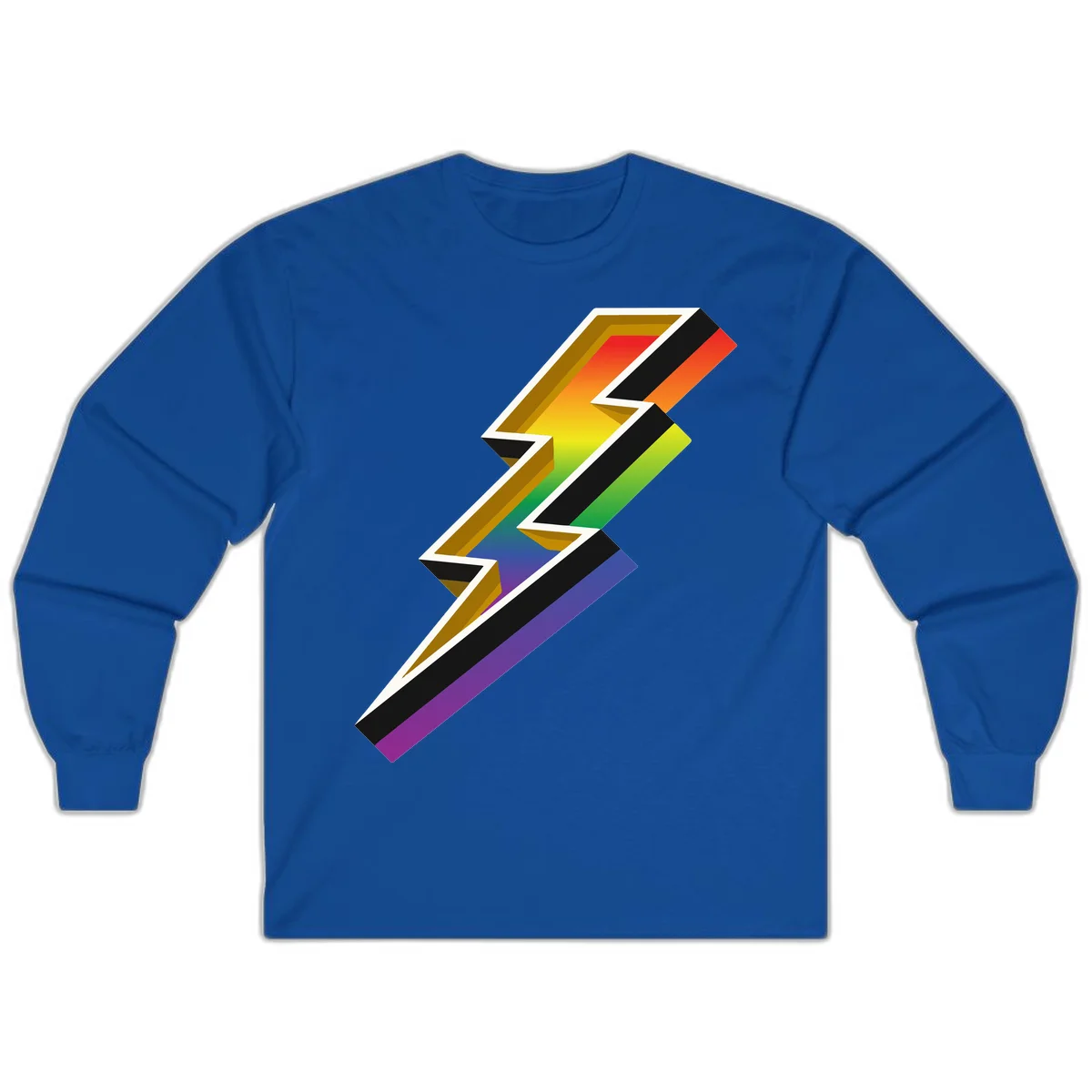 3D rainbow lightning bolt with layered depth effect featuring red, orange, yellow, green, blue, and purple gradient colors with white outlines and black shadows in Royal