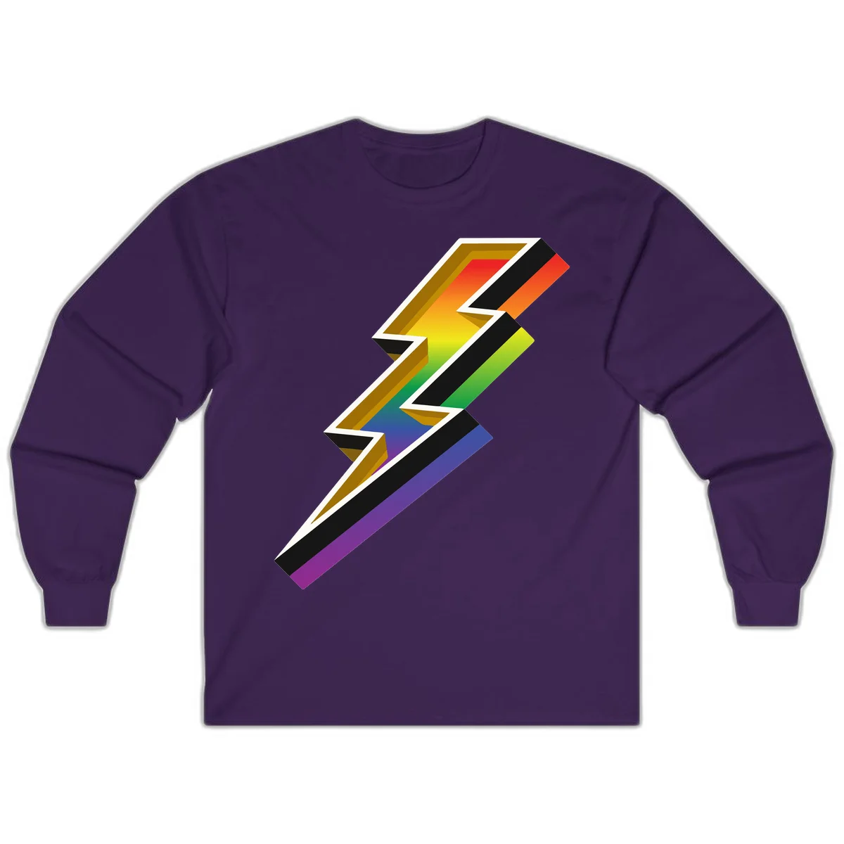 3D rainbow lightning bolt with layered depth effect featuring red, orange, yellow, green, blue, and purple gradient colors with white outlines and black shadows in Purple