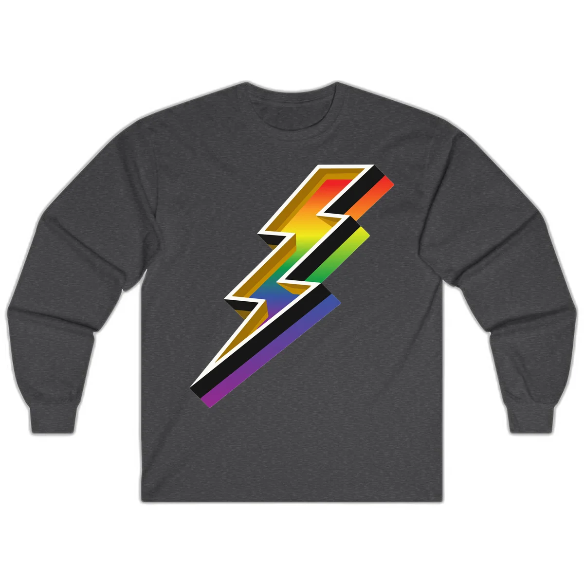 3D rainbow lightning bolt with layered depth effect featuring red, orange, yellow, green, blue, and purple gradient colors with white outlines and black shadows in Dark Heather