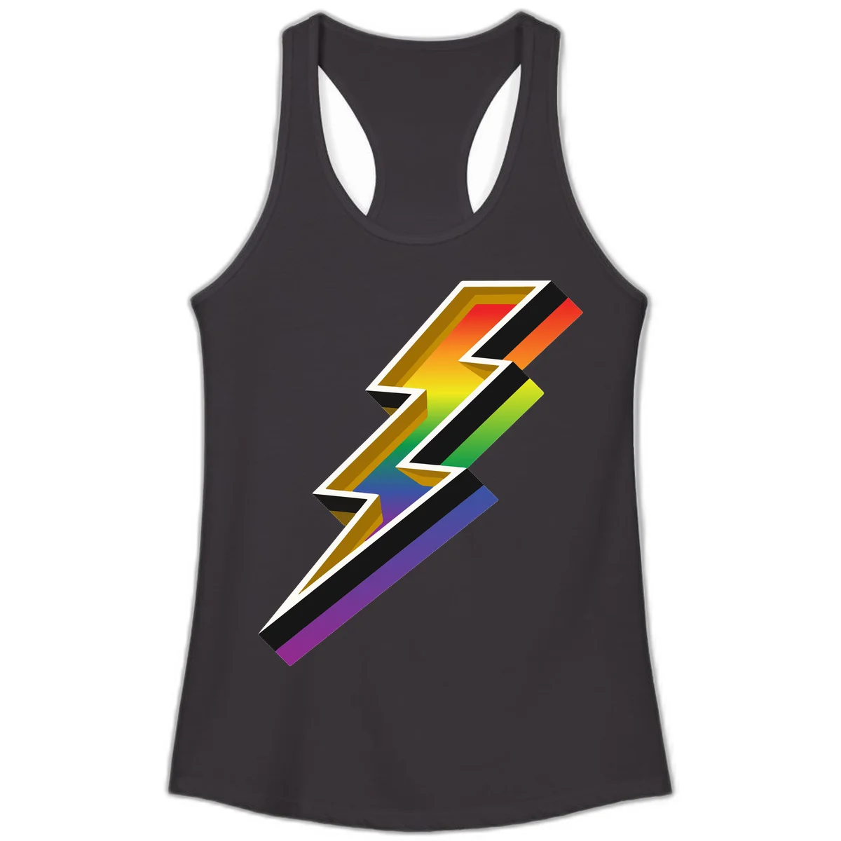 3D rainbow lightning bolt with layered depth effect featuring red, orange, yellow, green, blue, and purple gradient colors with white outlines and black shadows in Black