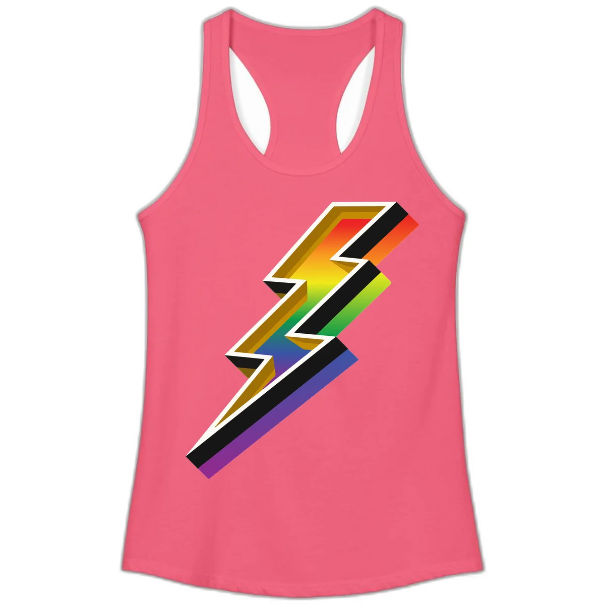 3D rainbow lightning bolt with layered depth effect featuring red, orange, yellow, green, blue, and purple gradient colors with white outlines and black shadows in Hot Pink
