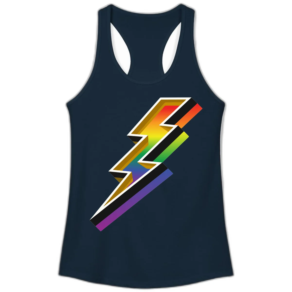 3D rainbow lightning bolt with layered depth effect featuring red, orange, yellow, green, blue, and purple gradient colors with white outlines and black shadows in Solid Midnight Navy