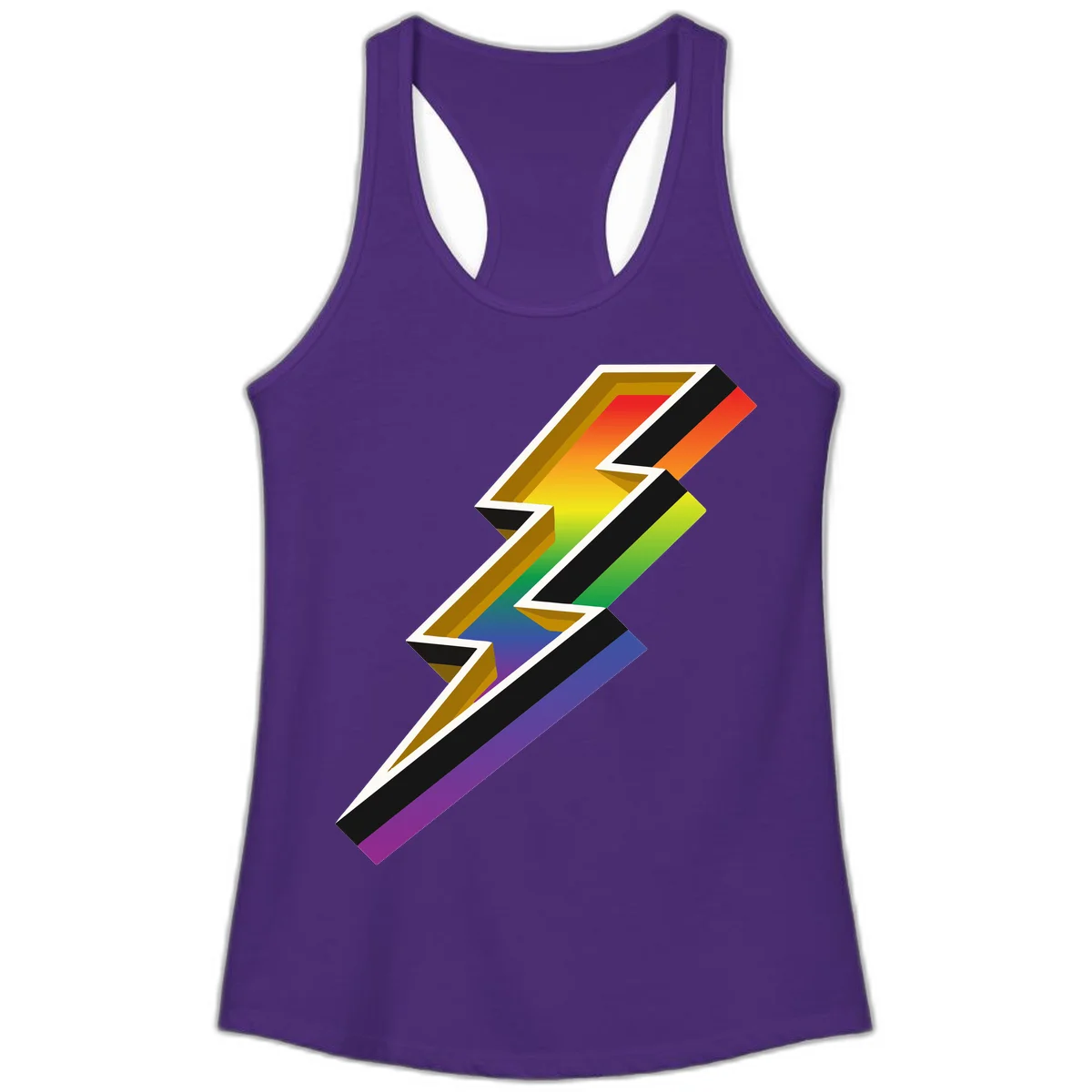 3D rainbow lightning bolt with layered depth effect featuring red, orange, yellow, green, blue, and purple gradient colors with white outlines and black shadows in Solid Purple Rush