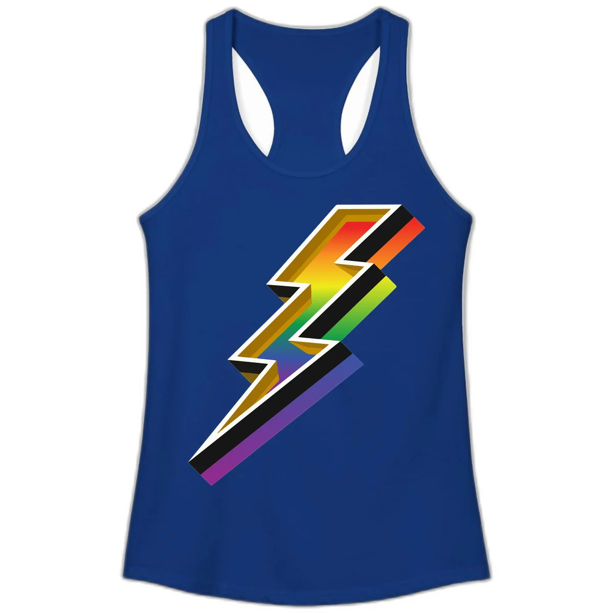 3D rainbow lightning bolt with layered depth effect featuring red, orange, yellow, green, blue, and purple gradient colors with white outlines and black shadows in Solid Royal