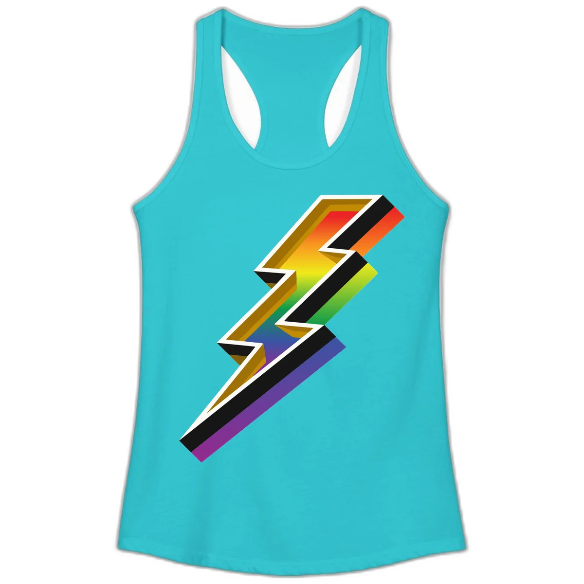 3D rainbow lightning bolt with layered depth effect featuring red, orange, yellow, green, blue, and purple gradient colors with white outlines and black shadows in Solid Tahiti Blue
