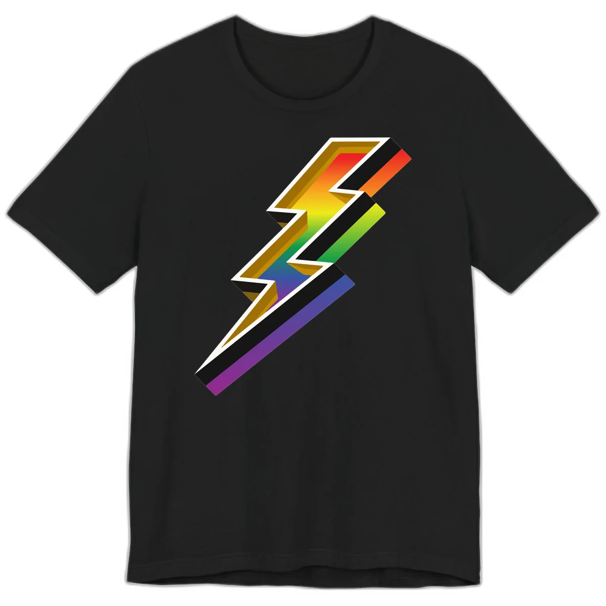 3D rainbow lightning bolt with layered depth effect featuring red, orange, yellow, green, blue, and purple gradient colors with white outlines and black shadows in Black