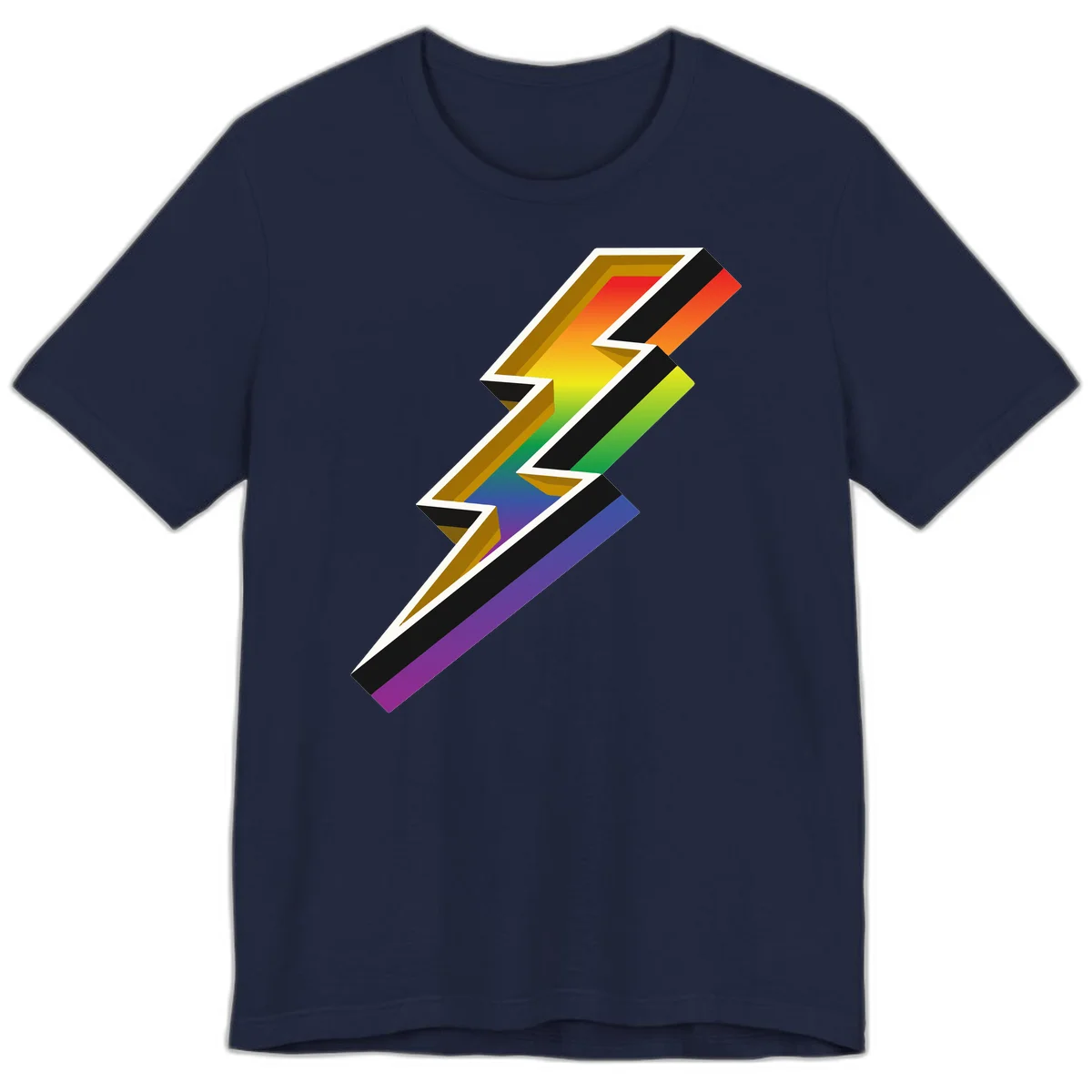 3D rainbow lightning bolt with layered depth effect featuring red, orange, yellow, green, blue, and purple gradient colors with white outlines and black shadows in Navy