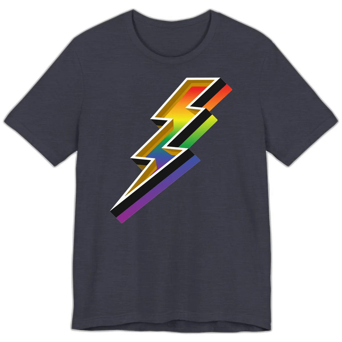 3D rainbow lightning bolt with layered depth effect featuring red, orange, yellow, green, blue, and purple gradient colors with white outlines and black shadows in Heather Midnight Navy