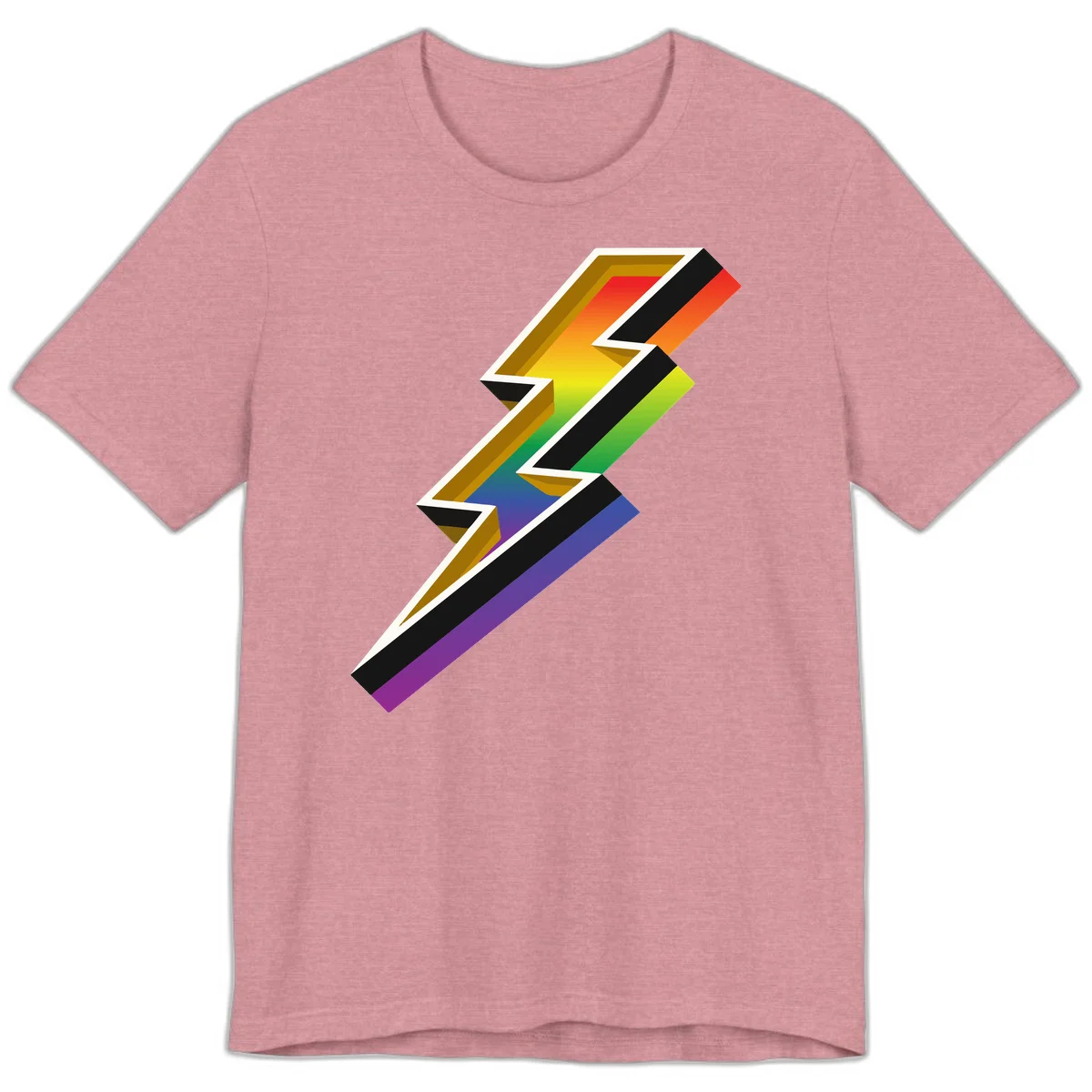 3D rainbow lightning bolt with layered depth effect featuring red, orange, yellow, green, blue, and purple gradient colors with white outlines and black shadows in Heather Orchid