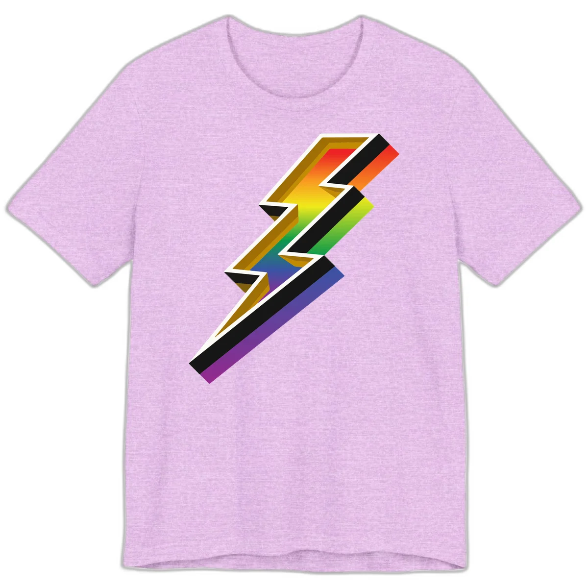 3D rainbow lightning bolt with layered depth effect featuring red, orange, yellow, green, blue, and purple gradient colors with white outlines and black shadows in Heather Prism Lilac