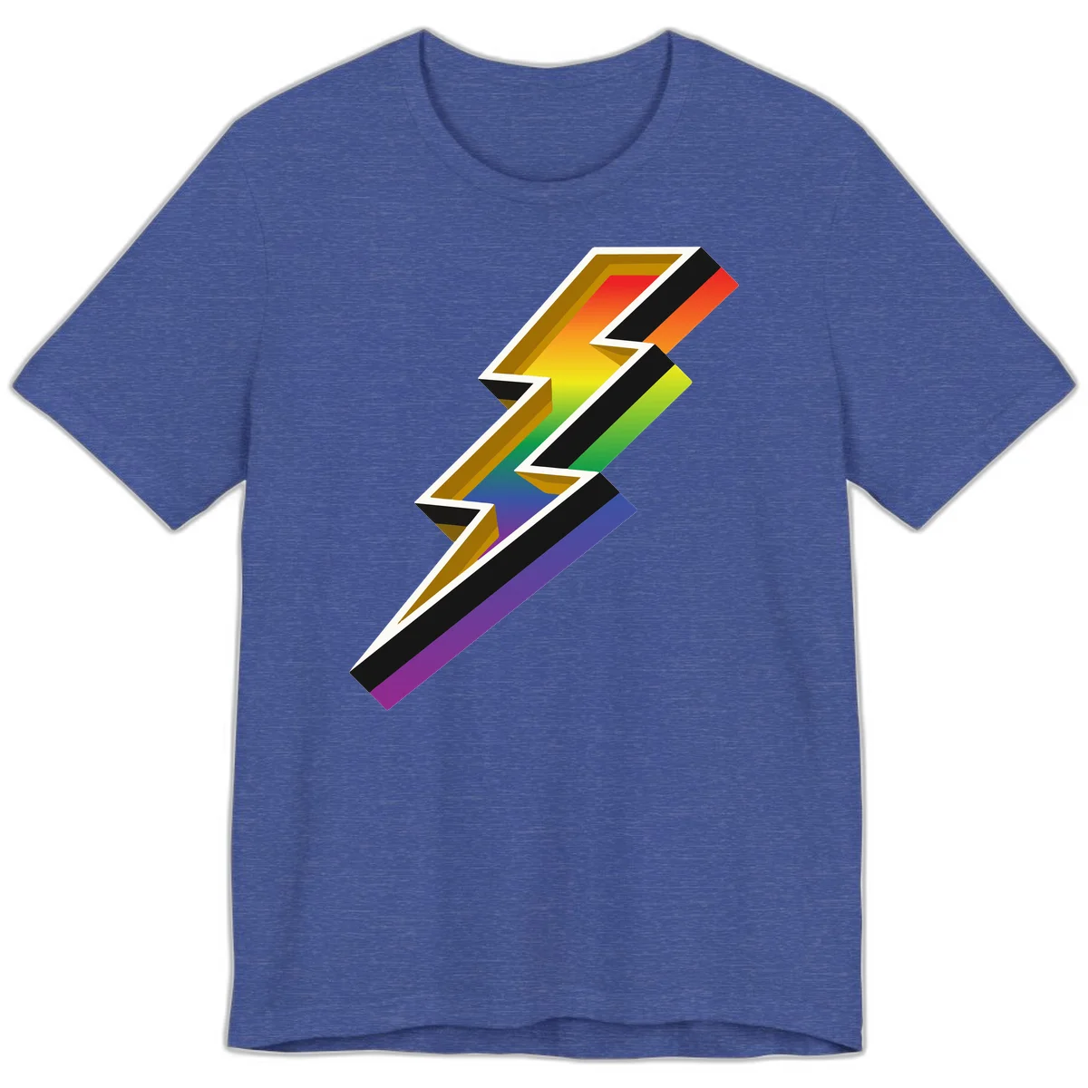3D rainbow lightning bolt with layered depth effect featuring red, orange, yellow, green, blue, and purple gradient colors with white outlines and black shadows in Heather True Royal