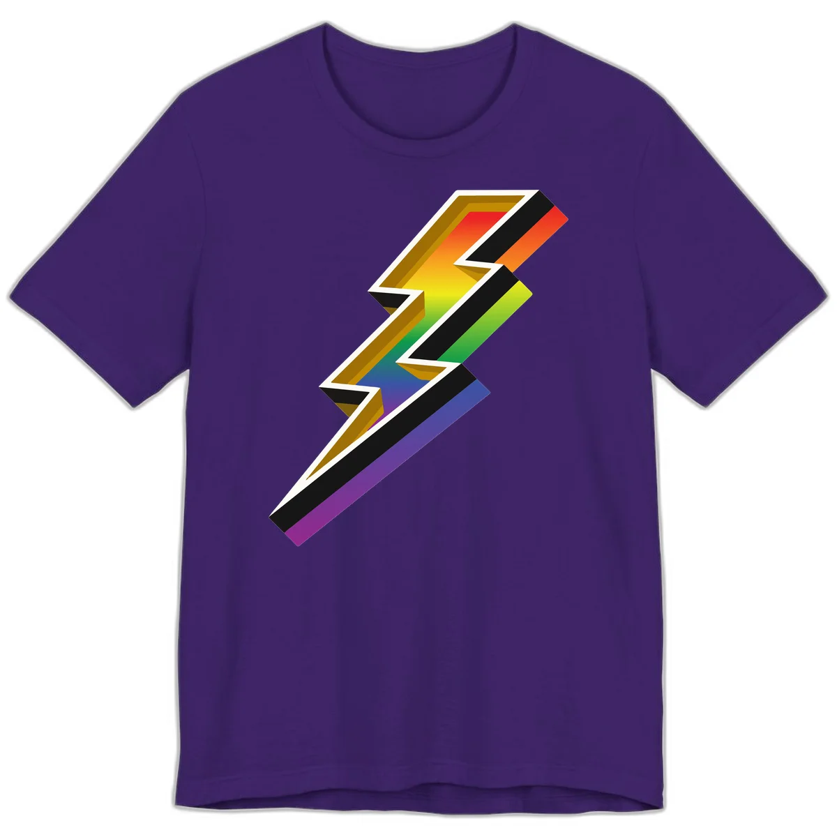 3D rainbow lightning bolt with layered depth effect featuring red, orange, yellow, green, blue, and purple gradient colors with white outlines and black shadows in Team Purple