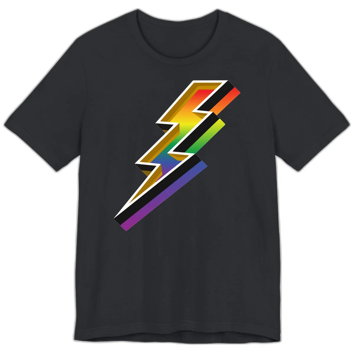 3D rainbow lightning bolt with layered depth effect featuring red, orange, yellow, green, blue, and purple gradient colors with white outlines and black shadows in Vintage Black