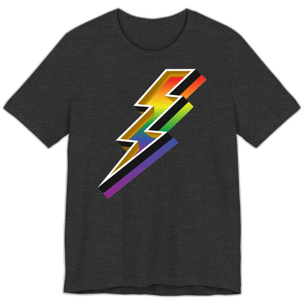 3D rainbow lightning bolt with layered depth effect featuring red, orange, yellow, green, blue, and purple gradient colors with white outlines and black shadows in Dark Grey Heather