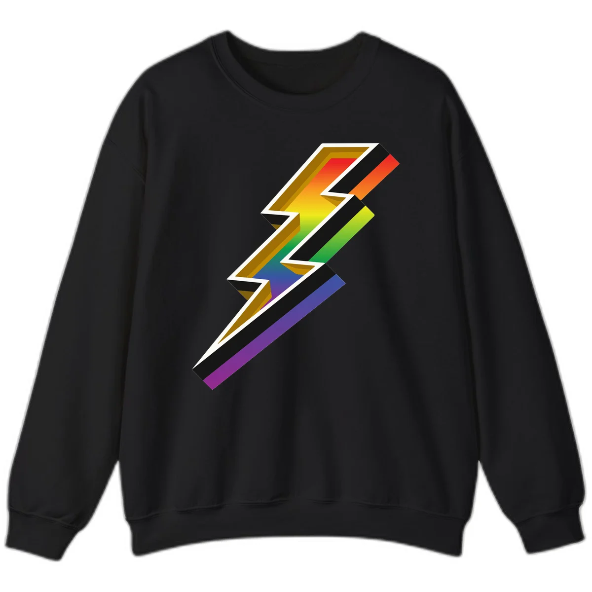 3D rainbow lightning bolt with layered depth effect featuring red, orange, yellow, green, blue, and purple gradient colors with white outlines and black shadows in Black