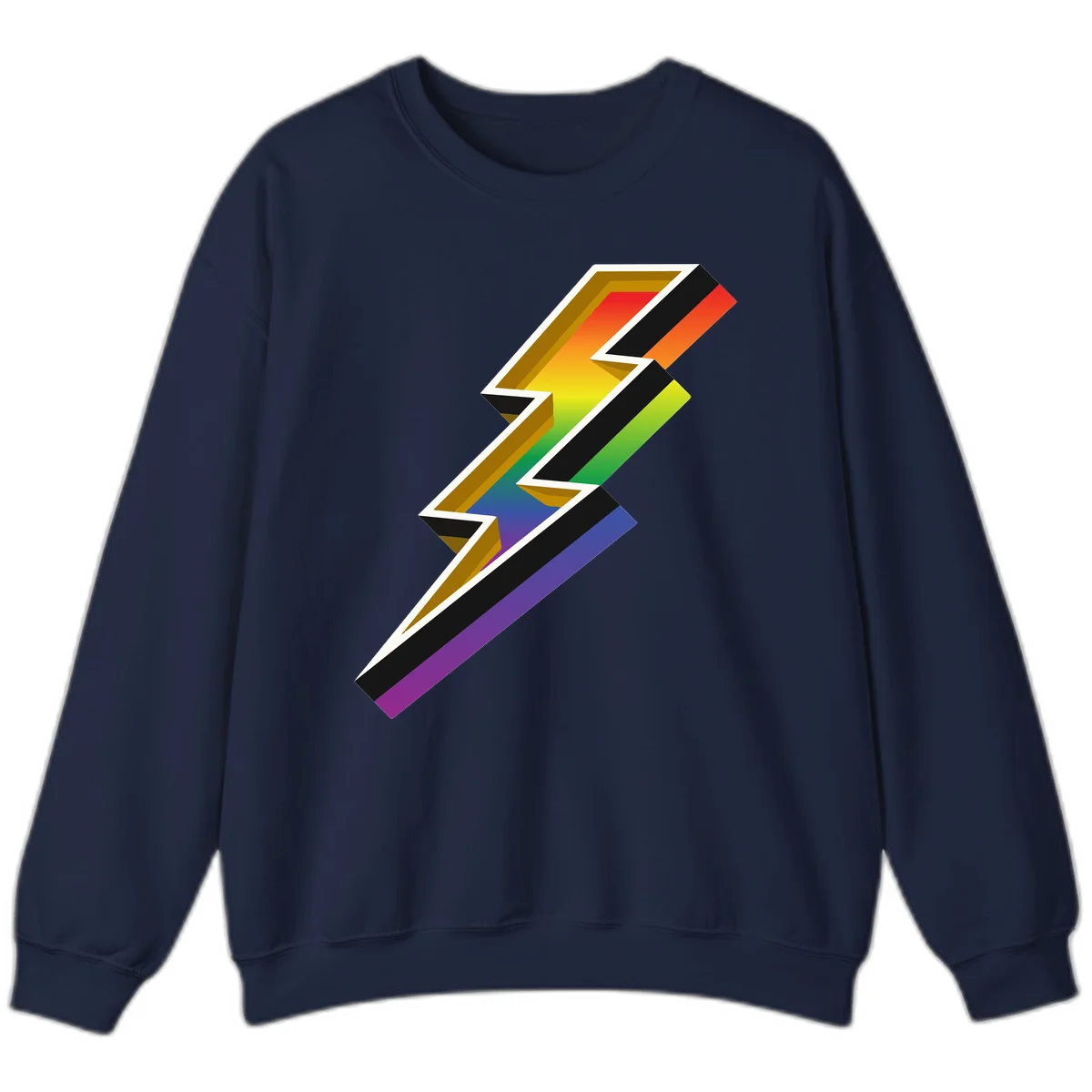 3D rainbow lightning bolt with layered depth effect featuring red, orange, yellow, green, blue, and purple gradient colors with white outlines and black shadows in Navy