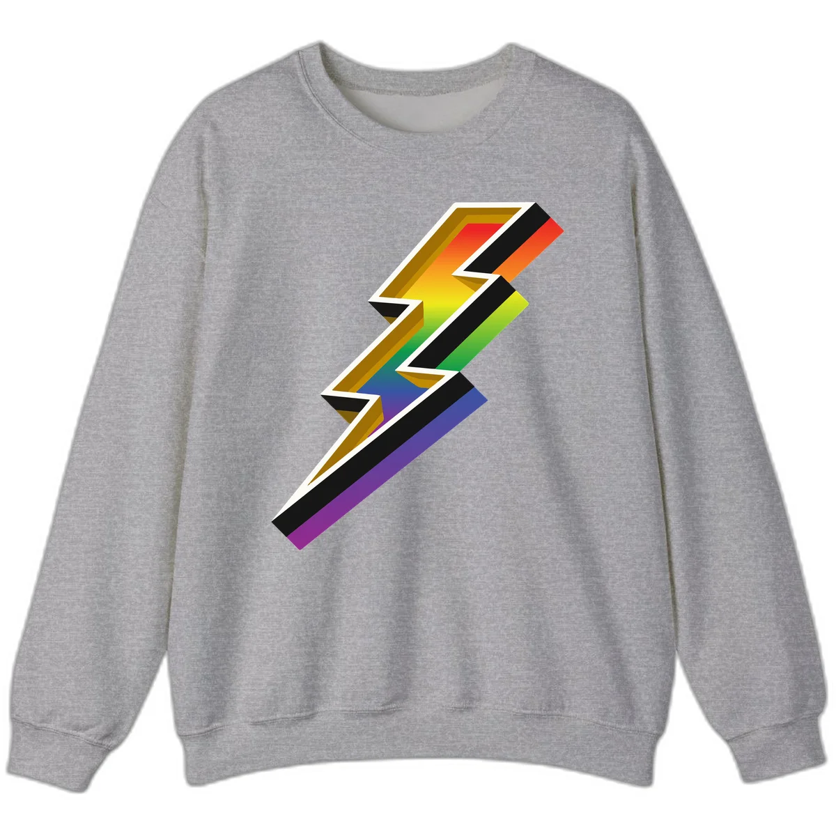 3D rainbow lightning bolt with layered depth effect featuring red, orange, yellow, green, blue, and purple gradient colors with white outlines and black shadows in Sport Grey