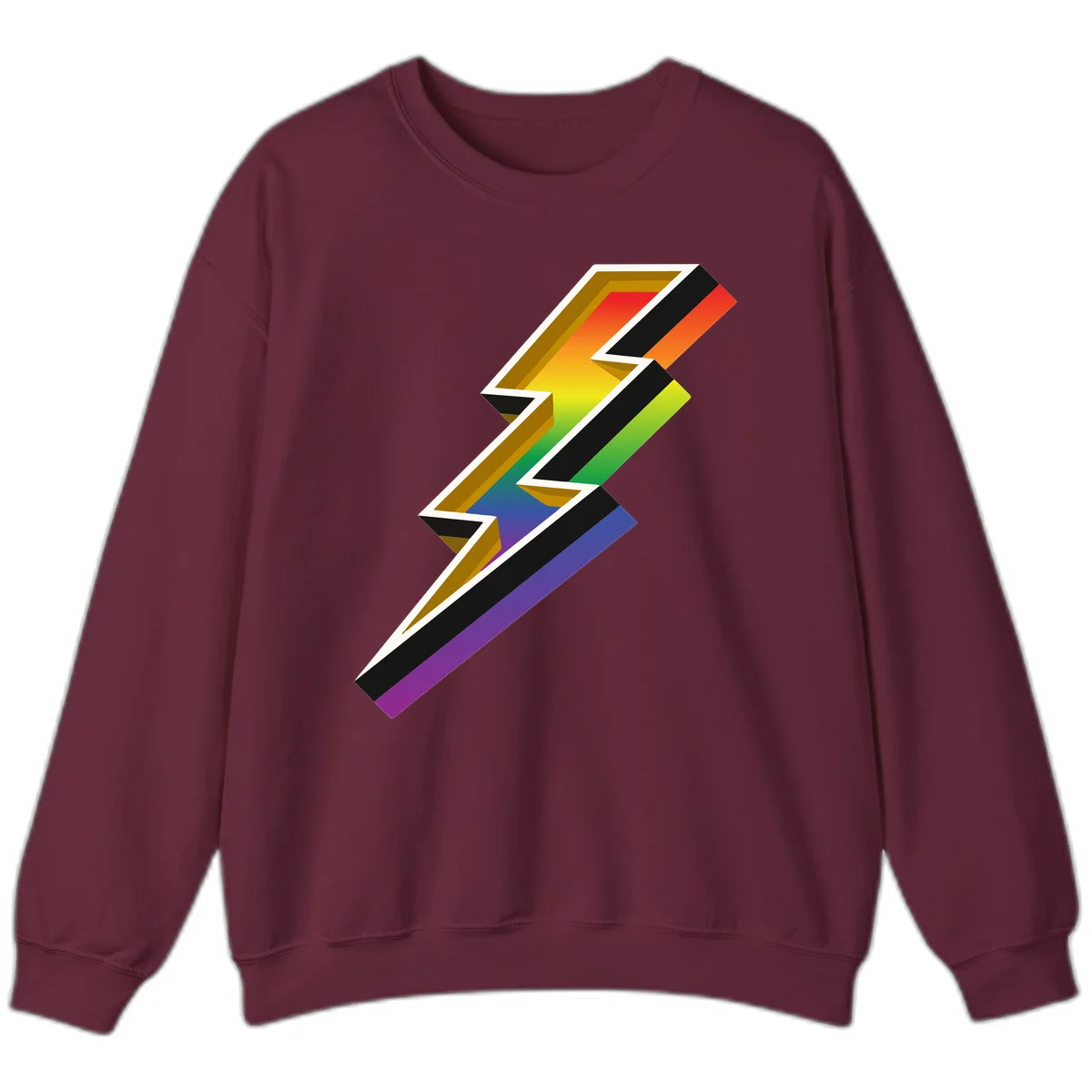 3D rainbow lightning bolt with layered depth effect featuring red, orange, yellow, green, blue, and purple gradient colors with white outlines and black shadows in Maroon