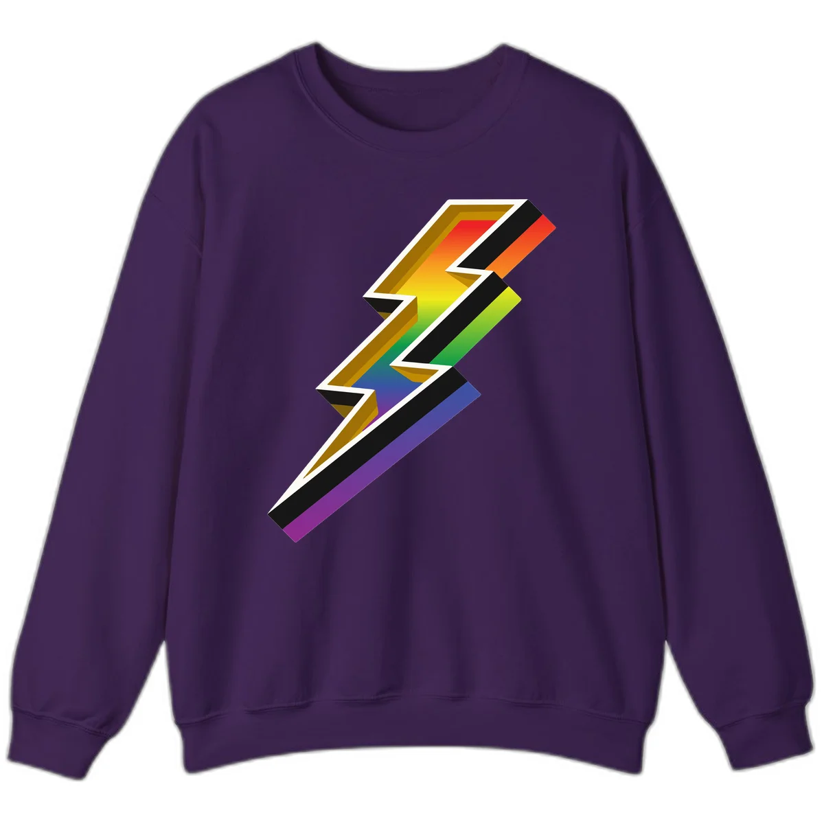 3D rainbow lightning bolt with layered depth effect featuring red, orange, yellow, green, blue, and purple gradient colors with white outlines and black shadows in Purple