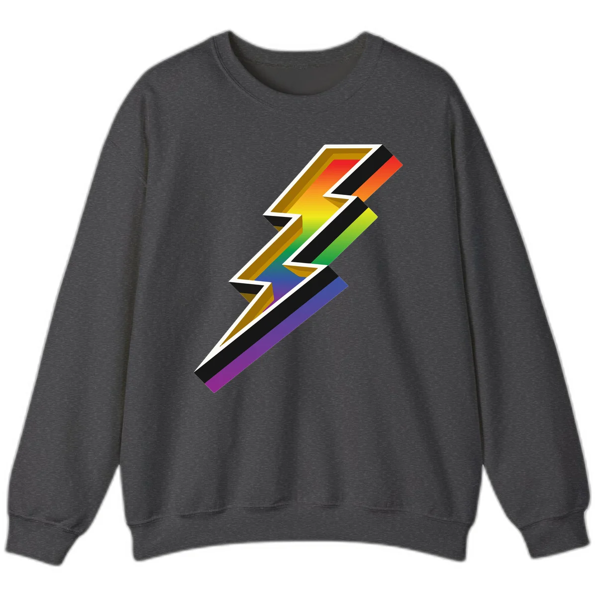 3D rainbow lightning bolt with layered depth effect featuring red, orange, yellow, green, blue, and purple gradient colors with white outlines and black shadows in Dark Heather