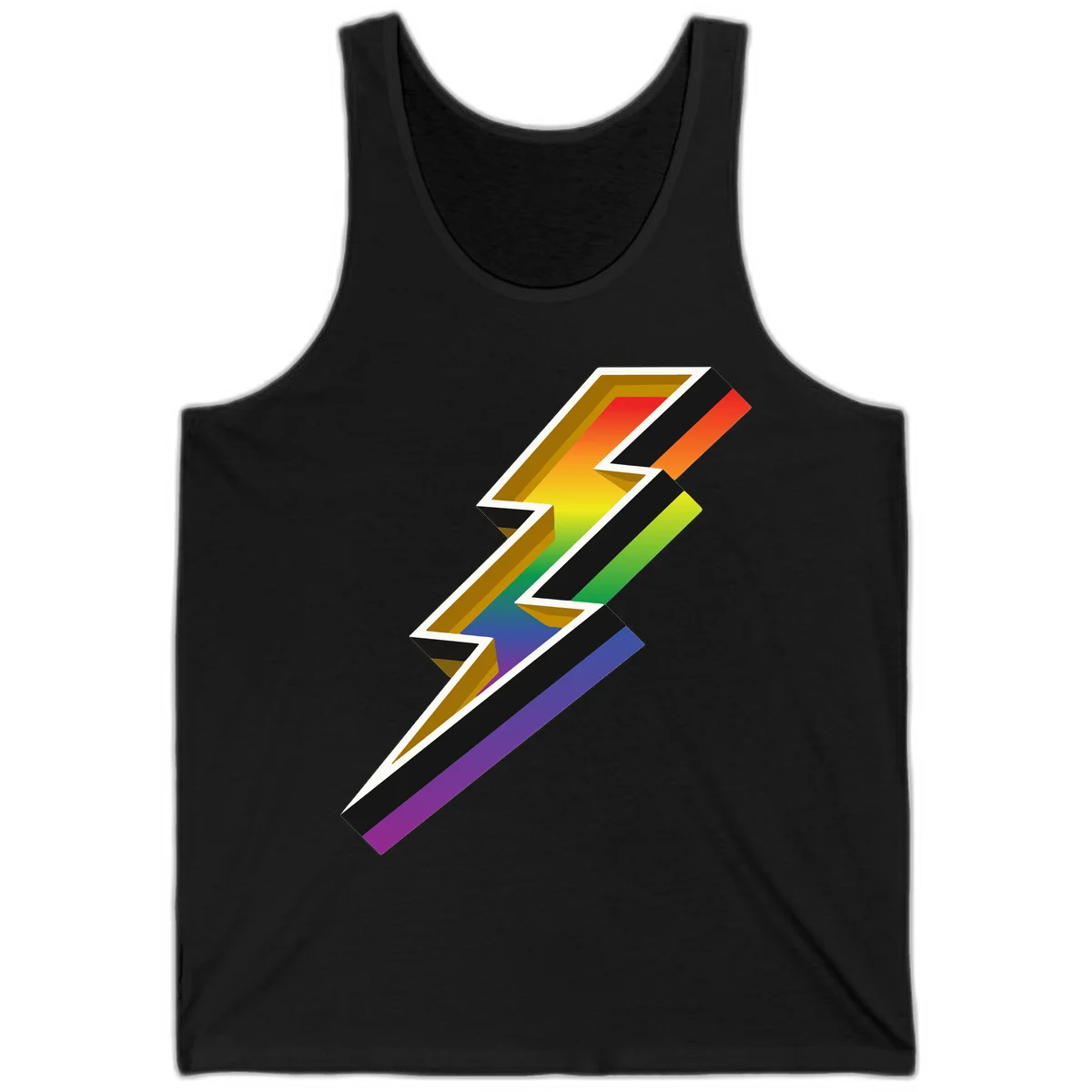 3D rainbow lightning bolt with layered depth effect featuring red, orange, yellow, green, blue, and purple gradient colors with white outlines and black shadows in Black