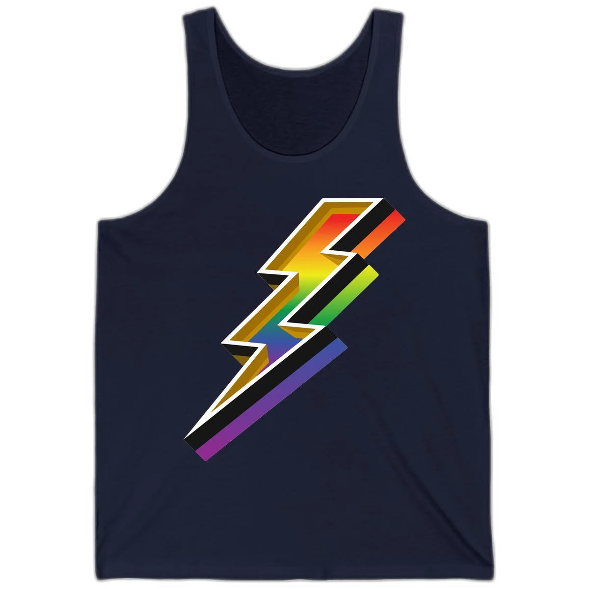 3D rainbow lightning bolt with layered depth effect featuring red, orange, yellow, green, blue, and purple gradient colors with white outlines and black shadows in Navy