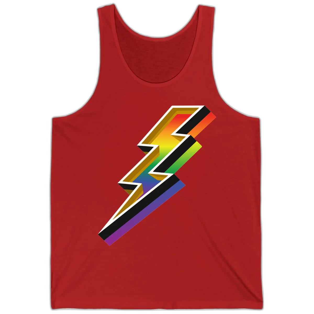 3D rainbow lightning bolt with layered depth effect featuring red, orange, yellow, green, blue, and purple gradient colors with white outlines and black shadows in Red
