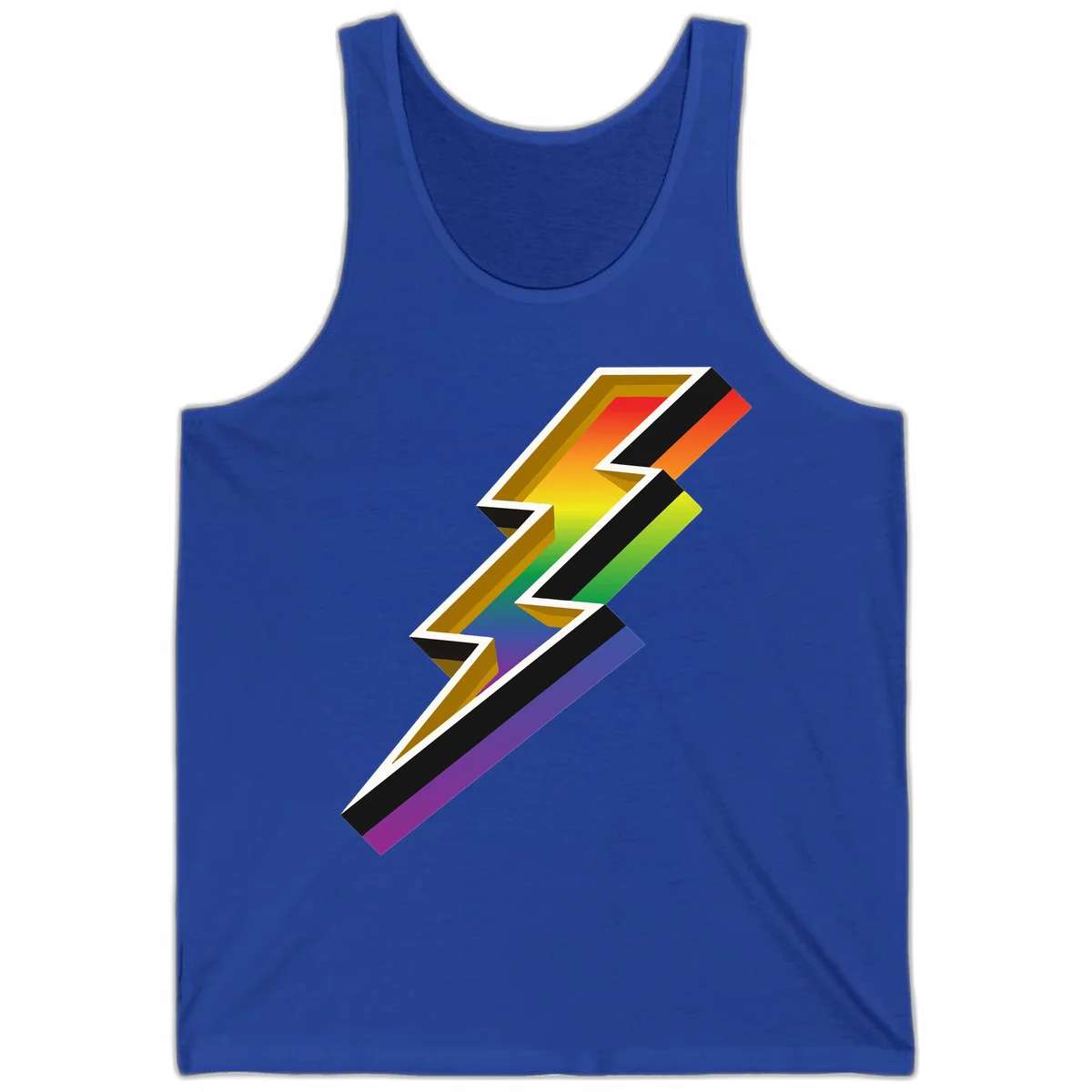 3D rainbow lightning bolt with layered depth effect featuring red, orange, yellow, green, blue, and purple gradient colors with white outlines and black shadows in True Royal