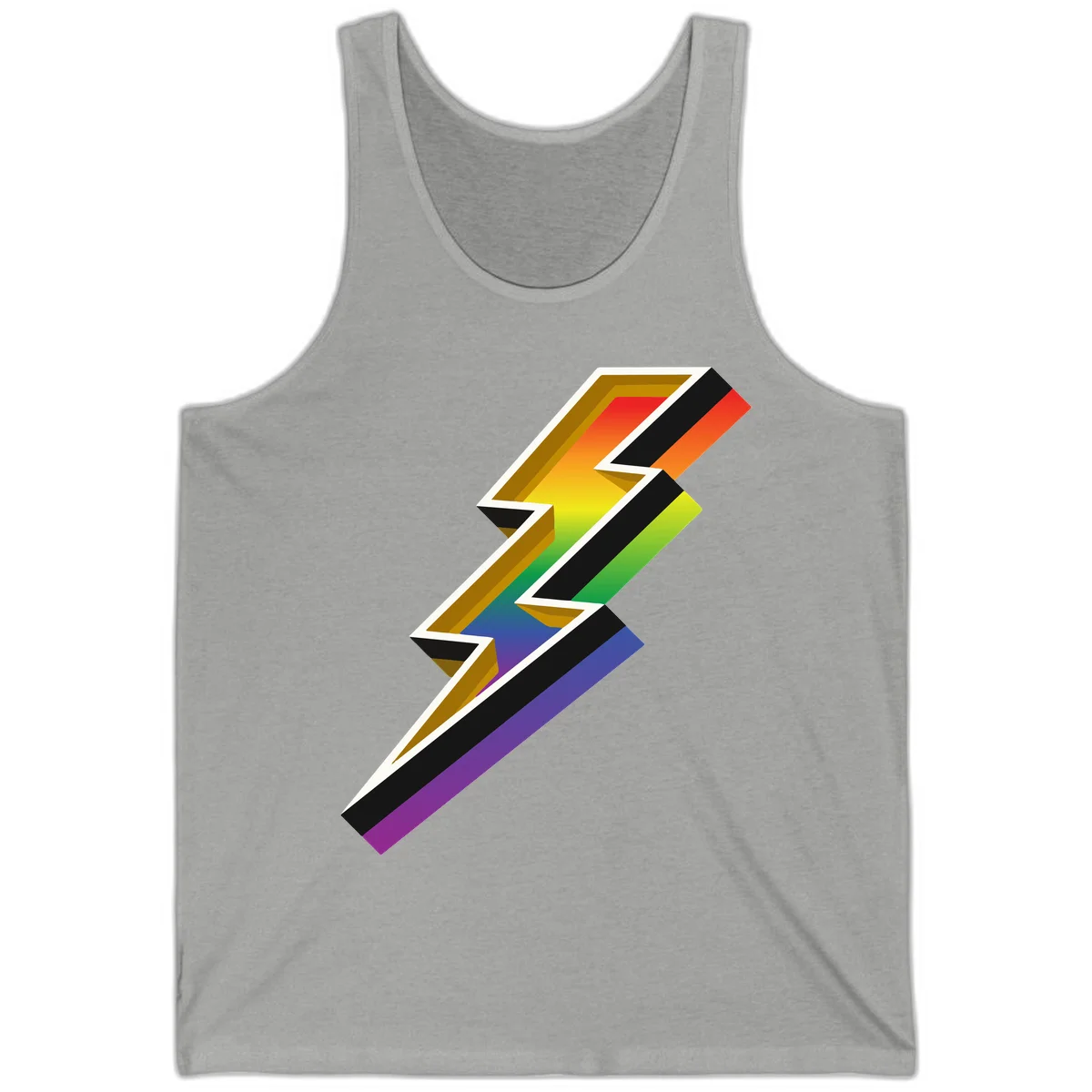 3D rainbow lightning bolt with layered depth effect featuring red, orange, yellow, green, blue, and purple gradient colors with white outlines and black shadows in Athletic Heather