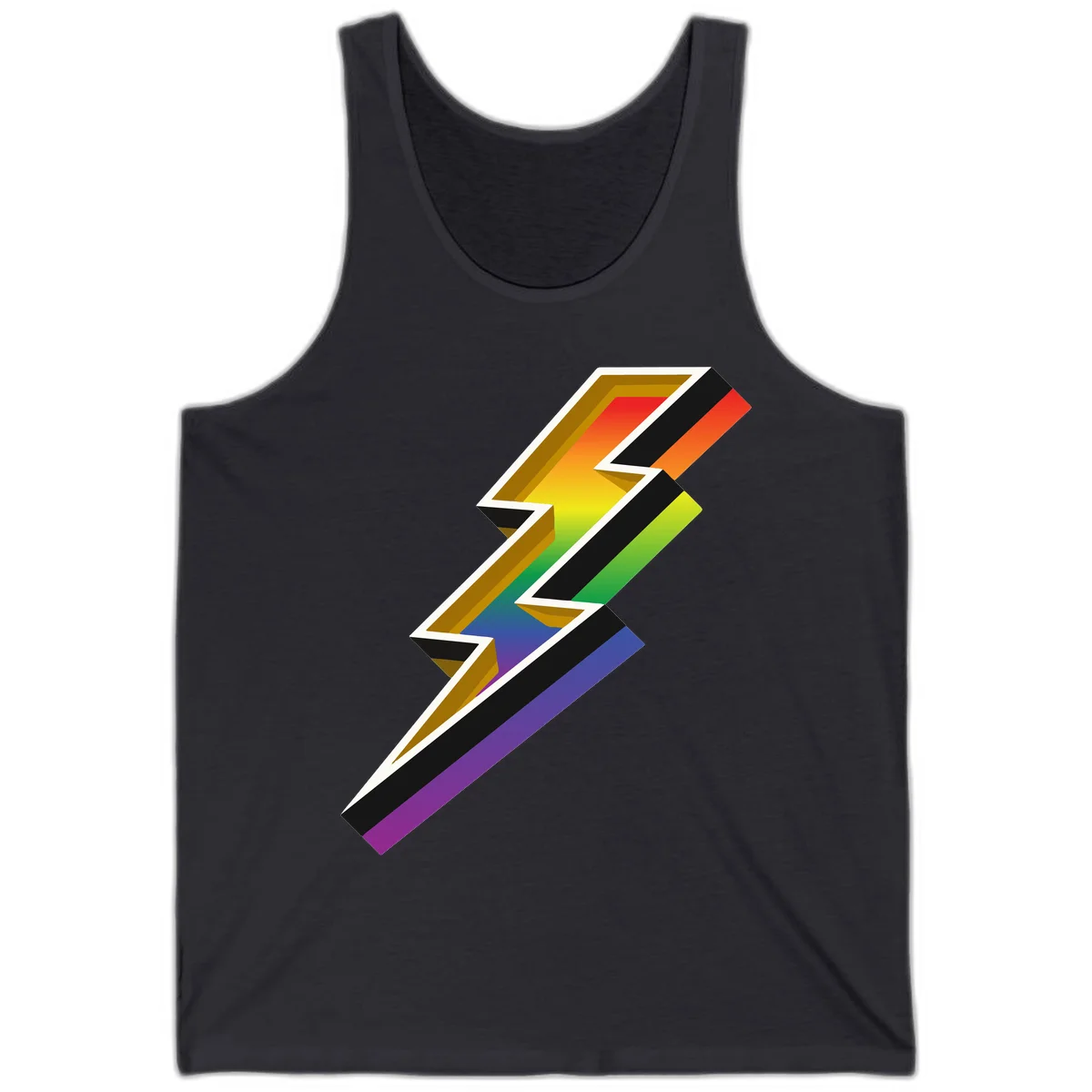 3D rainbow lightning bolt with layered depth effect featuring red, orange, yellow, green, blue, and purple gradient colors with white outlines and black shadows in Dark Grey